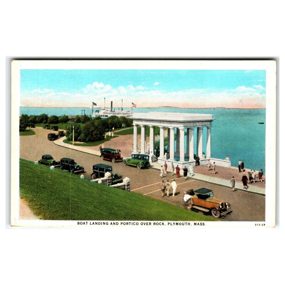 Vintage Plymouth MA Portico Over Rock Boat Landing Old Cars Postcard